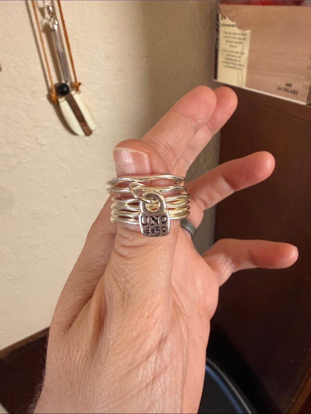 UNO de 50 Multi-Loop Silver Ring with Logo Charm